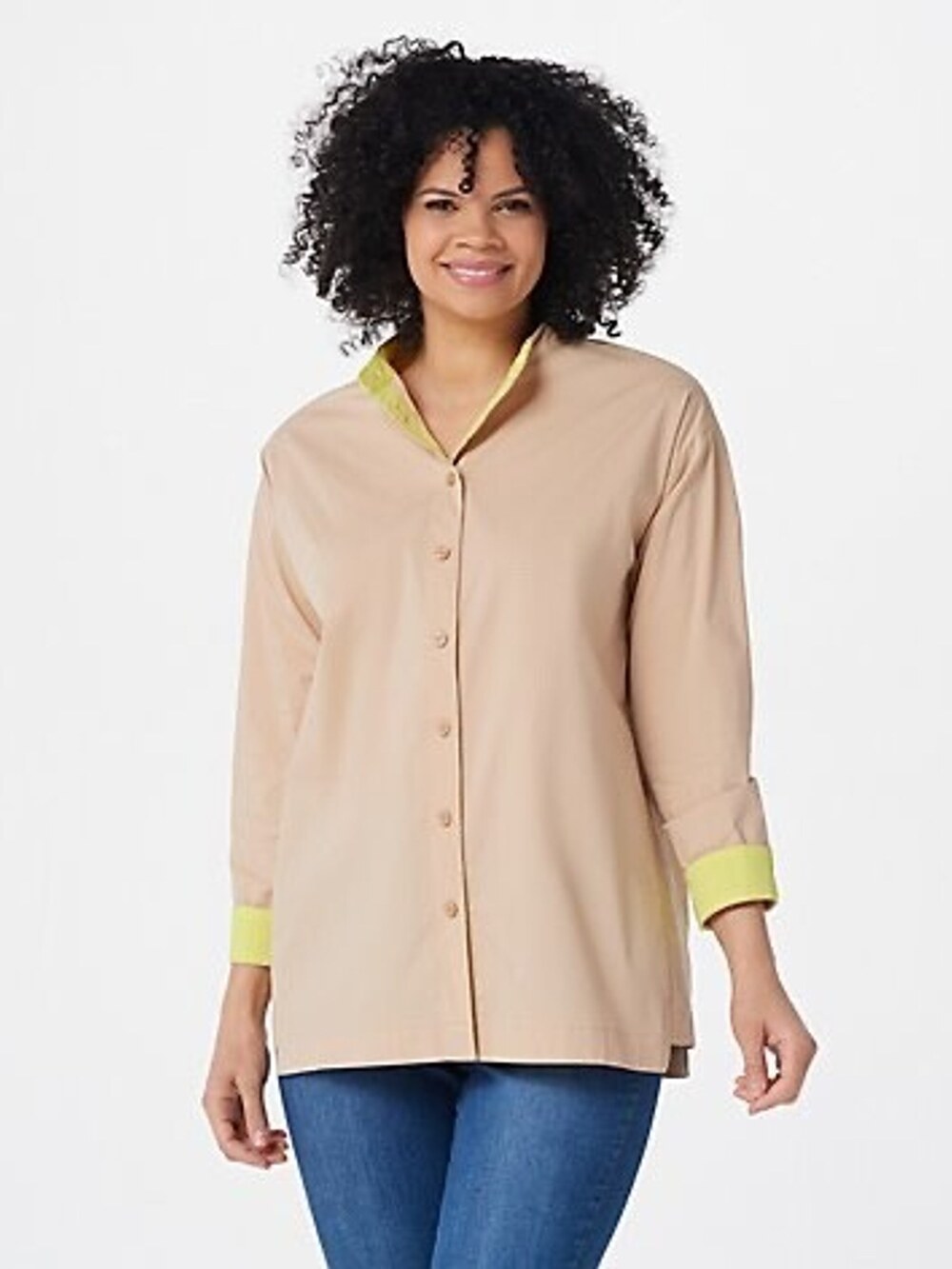 Isaac Mizrahi Live! Always Isaac A Line Poplin Long Sleeve Top 18W Biscotti